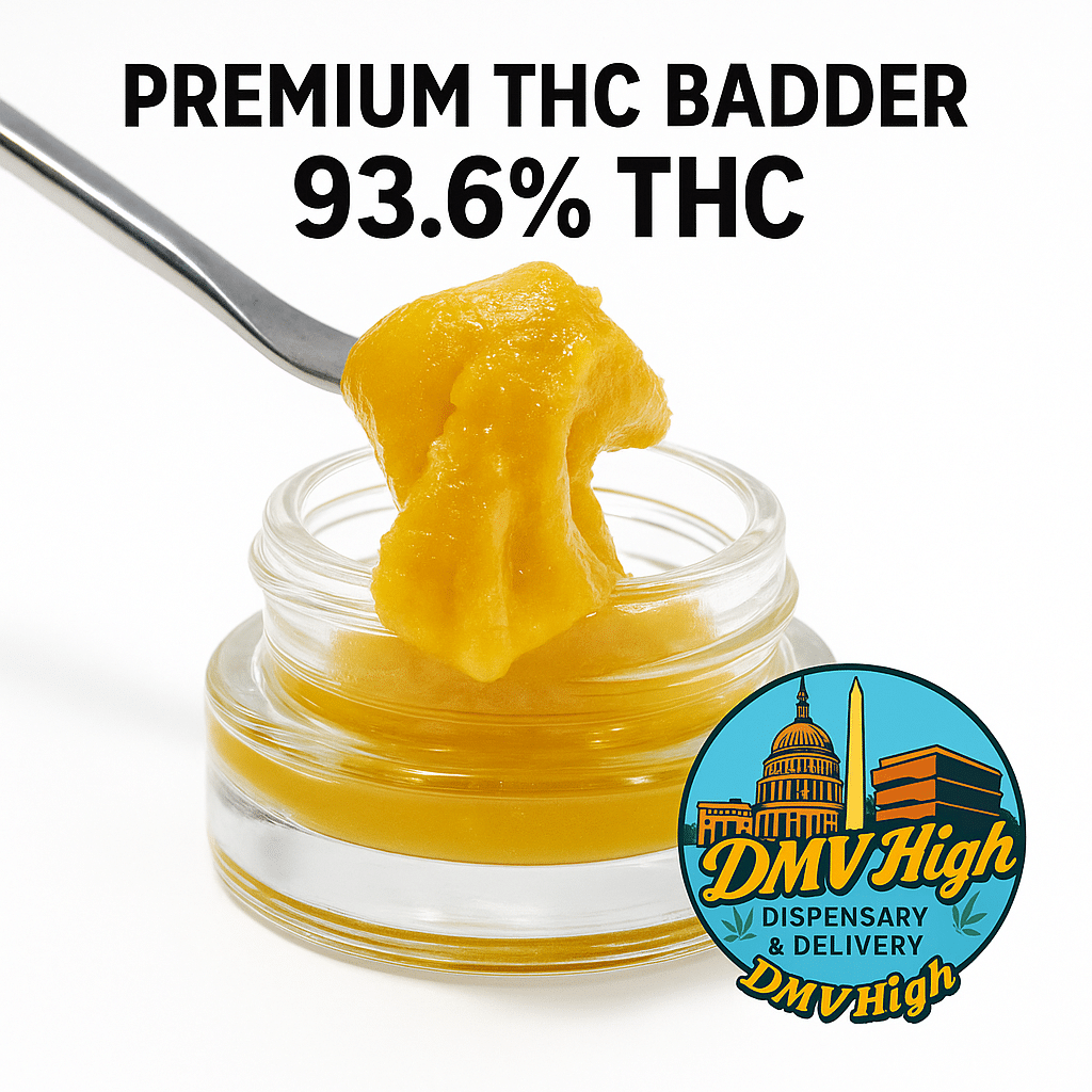 “Premium THC Badder 93.6% – golden cannabis concentrate in a glass jar with a dab tool and DMV High logo, clean white background, I-71 compliant cannabis product photo.”